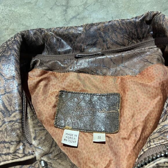 Vintage 80s Brown/Black Pattern Leather Bomber Jacket - Picture 4 of 4